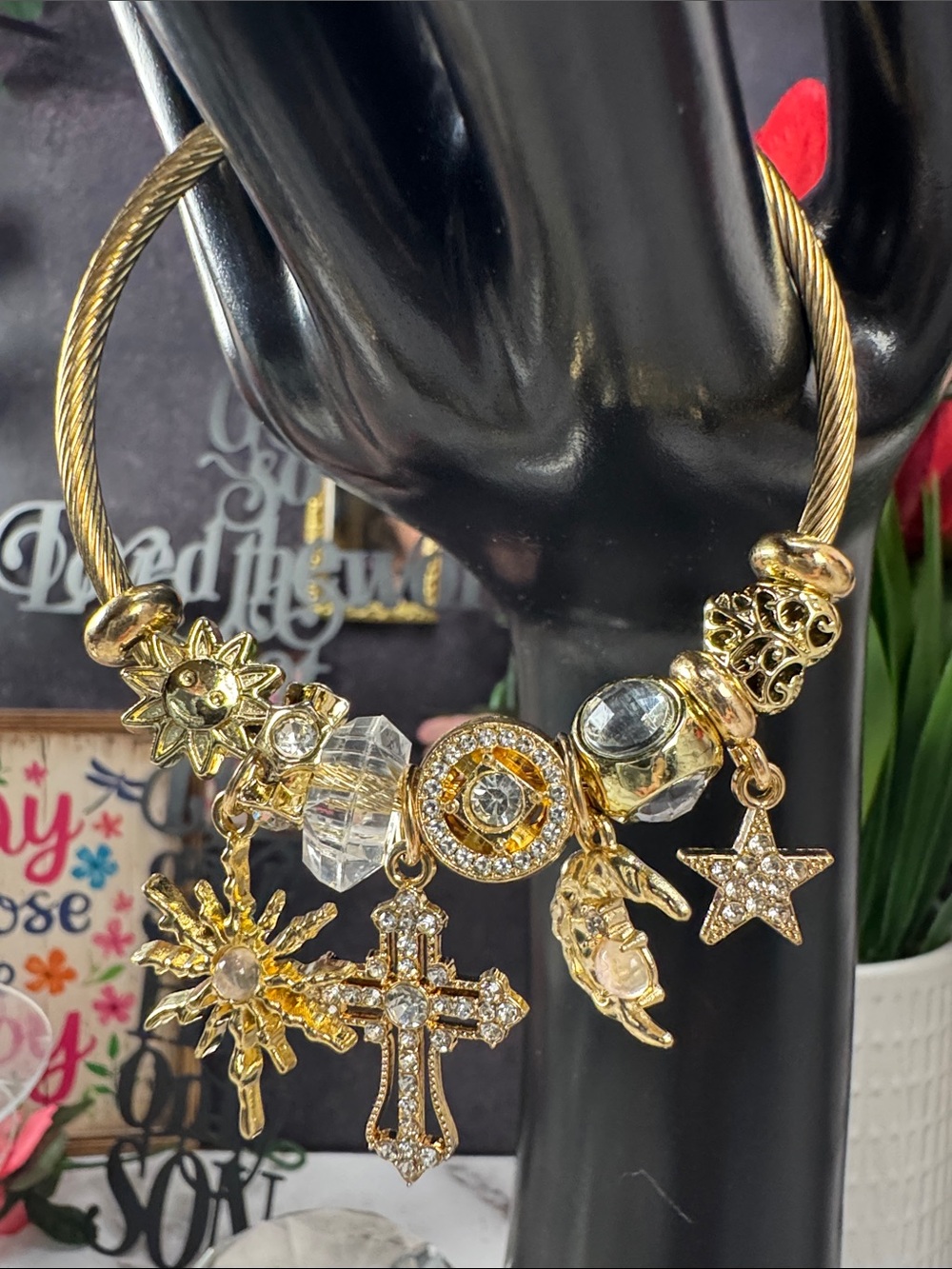 Gold Multi-Charm Zodiac & Cross Bracelet - Gold